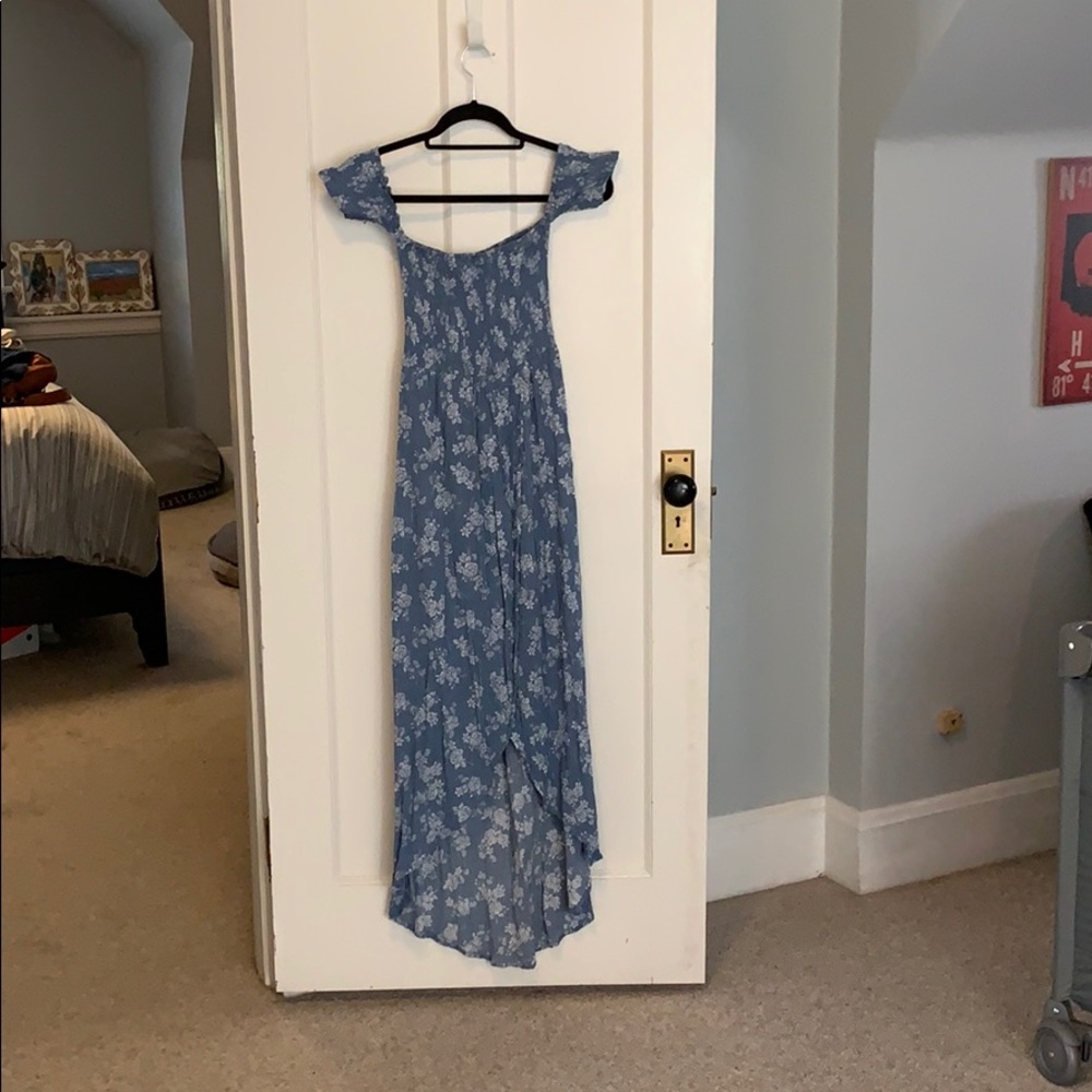 Blue Rain off the shoulder blue shimmer dress